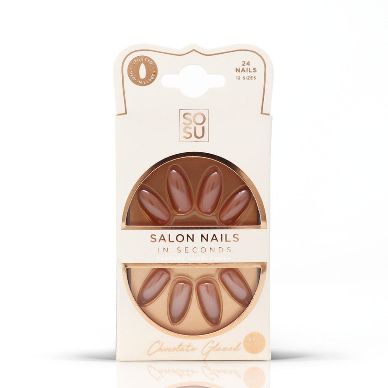 Salon-quality Chocolate Glazed Nails in stiletto shape and medium length. The pack includes 24 nails in 12 sizes with an extreme gloss finish for a perfect manicure in seconds