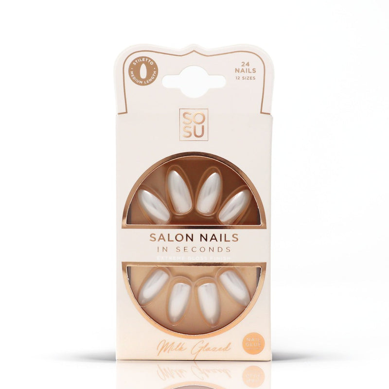SOSU's Milk Glazed Nails in stiletto shape and medium length, offering salon nails in seconds with an extreme gloss finish