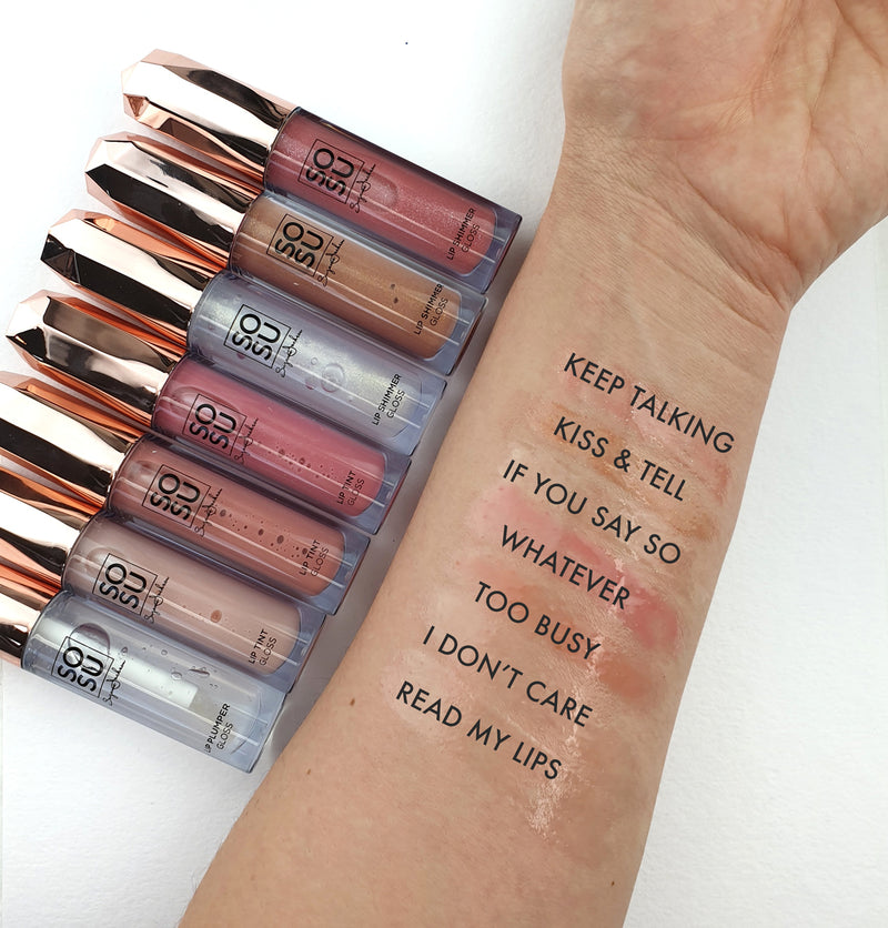 SOSU Cosmetics Shimmer Lip Gloss colour swatches