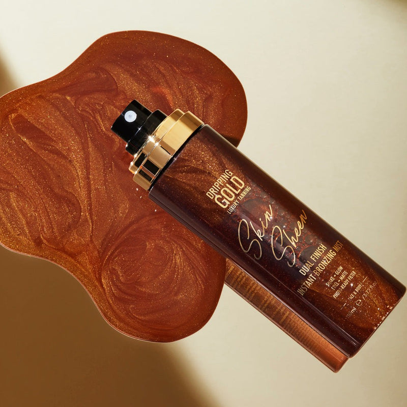 Skin Sheen Instant Bronzing Mist from Dripping Gold Luxury Tanning, a dual finish product for face and body that provides an instantly bronzed, photo-ready filter. Shake to glow or stay matte.