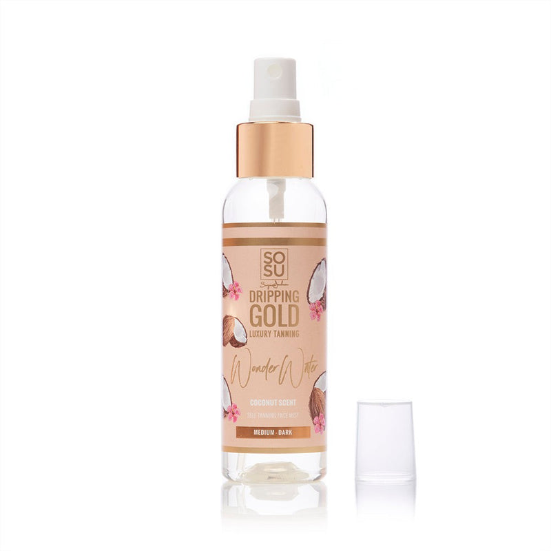 Dripping Gold Luxury Tanning's Wonder Water Medium-Dark self tanning face mist with Coconut scent in a travel-friendly size bottle