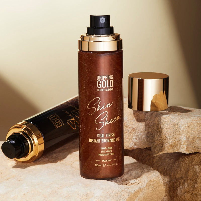 Dripping Gold Skin Sheen Instant Bronzing Mist offering dual finish, instantly bronze, photo-ready skin which leaves skin feeling soft and hydrated