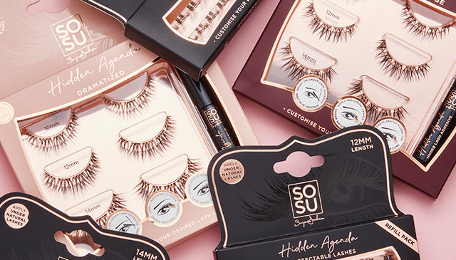 Lashes collection banner image by SOSU Cosmetics, featuring a variety of high-quality lashes and expert application accessories