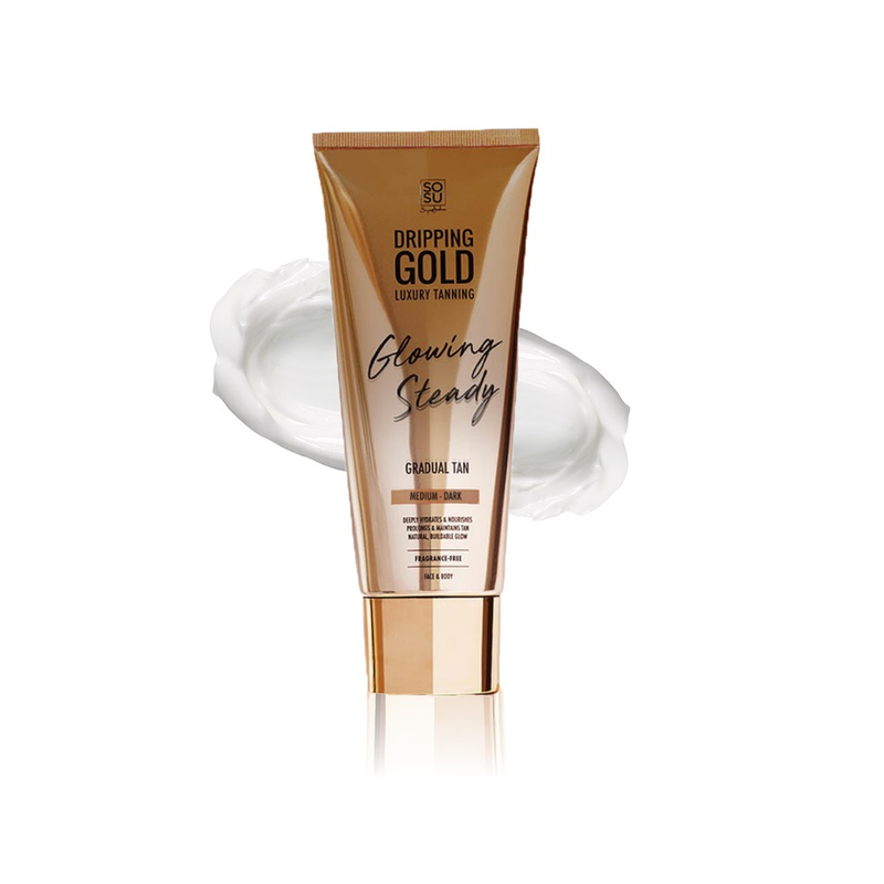 Dripping Gold Luxury Tanning Gradual Tan in Medium-Dark shade that deeply hydrates, nourishes, prolongs, and maintains tan, providing a natural buildable glow, safe for face and body, fragrance-free