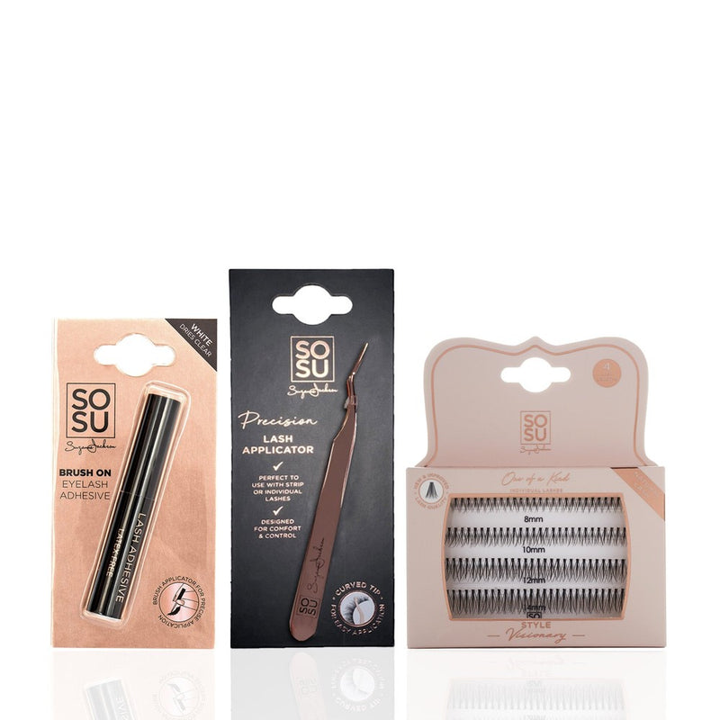 One of a Kind Essentials Visionary set featuring super lightweight eyelashes in 3 different lengths and a brush on eyelash adhesive