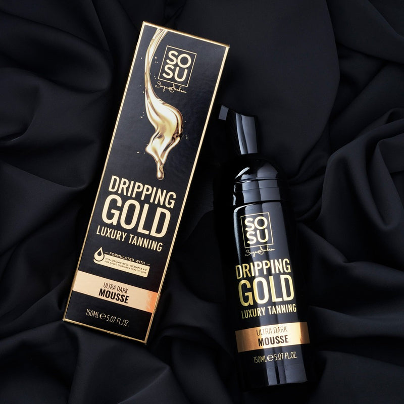 Dripping Gold Luxury Mousse in Ultra Dark shade from SOSU, formulated with Hyaluronic Acid, Vitamin A & E for healthy, bronzed, and glowing skin
