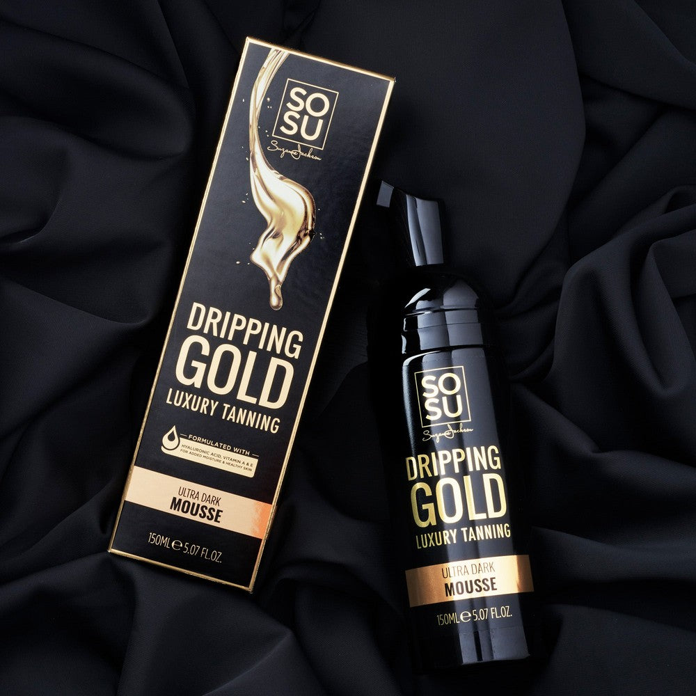 Dripping Gold Luxury Mousse in Ultra Dark shade from SOSU, formulated with Hyaluronic Acid, Vitamin A & E for healthy, bronzed, and glowing skin