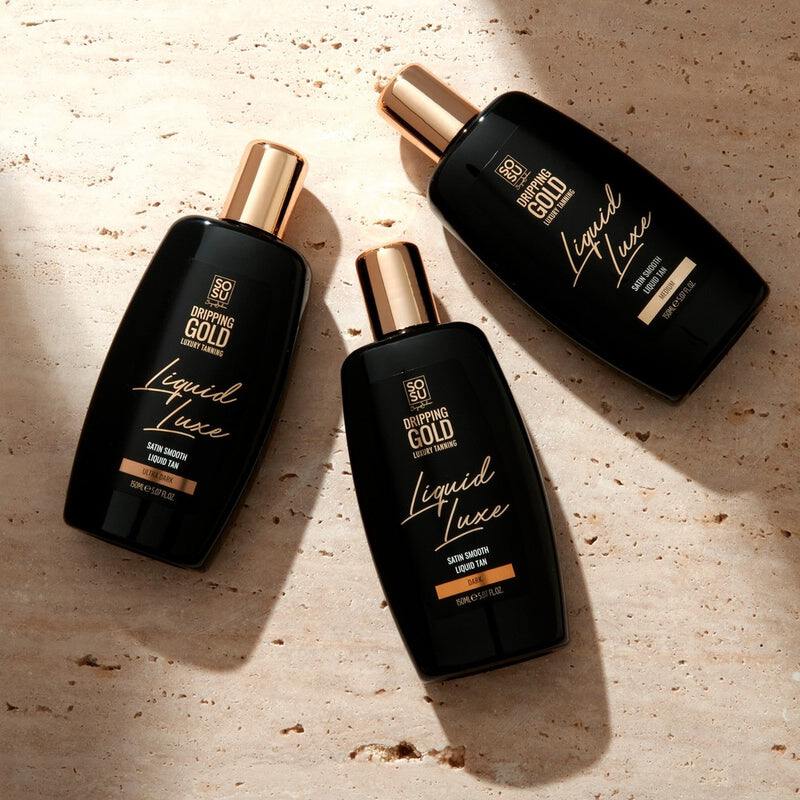 Dripping Gold Liquid Luxe Tan in Medium, Dark, and Ultra Dark shades, showing a satin smooth liquid tan for a luxurious, natural toned, airbrushed result