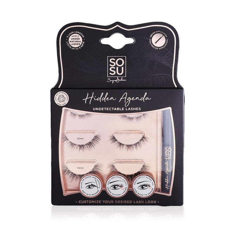 Hidden Agenda Lashes for a customised lash-look with 3 different lengths (10mm, 12mm, 14mm), designed for application underneath the natural lash line for an undetectable finish