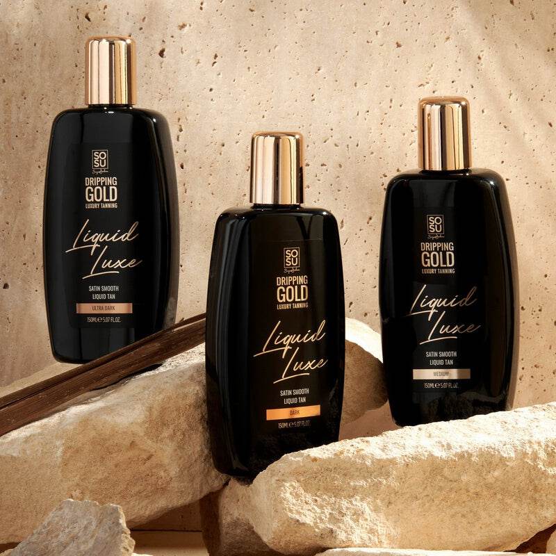 Dripping Gold Liquid Luxe Tan in medium, dark, and ultra dark shades. A luxurious, silky liquid formula for a next-level bronzed result