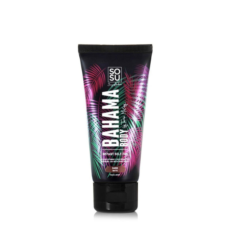 Bahama Body Instant Tan by SOSU and Terrie McEvoy, a bronzing product for face and body with a matte finish, enriched with vitamins, goji berry, raspberry seed, and sea buckthorn extract
