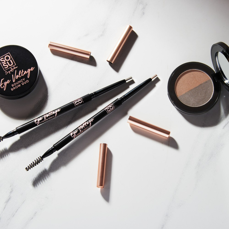 SOSU Bouncy Brow Duo in light to medium shade, a unique powder mousse formula for perfect eyebrows, long-lasting, lightweight, and buildable with dual shade for ombre effect
