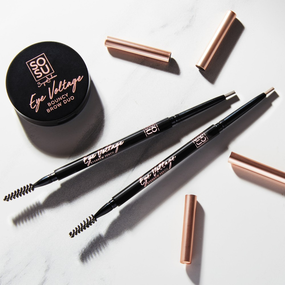 SOSU's Fair Eyebrow Pencil with precision tip and spoolie-brush for easy application, creating 3D volume and dimension for high impact brows