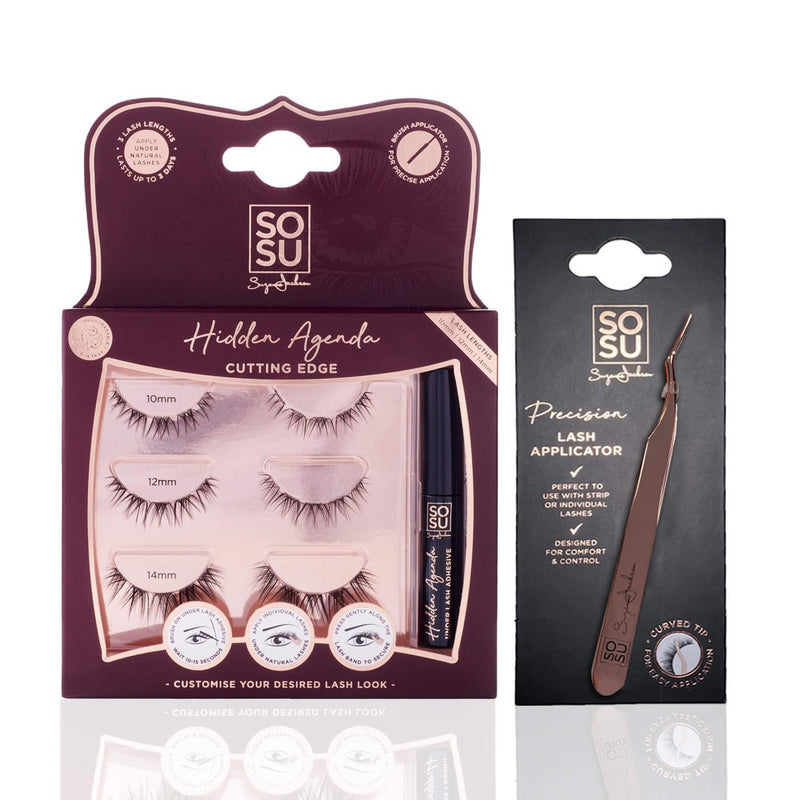 The Cutting Edge Bundle includes Hidden Agenda Cutting Edge Lashes and a Precision Lash Applicator for a customised lash look. The lashes are lightweight, have 3 different lengths, and last up to 3 days with maintenance.