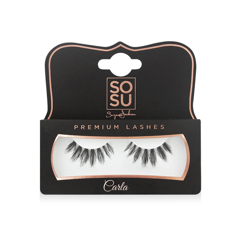 Carla Premium Lashes by SOSU, handmade from 100% human hair, offering a sophisticated blend of dramatic and soft textures for a seamless day to night transformation