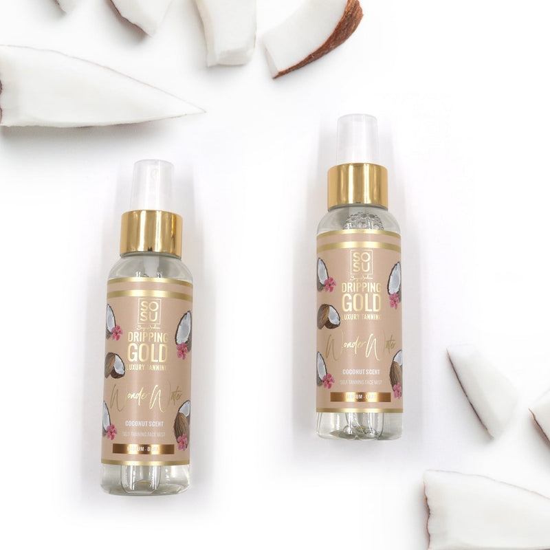 Dripping Gold's Wonder Water 'Coconut' (Medium-Dark), a self-tanning face mist in a travel-friendly bottle, infused with an uplifting, light and freshly exotic scent of coconut, delivering a natural looking, long-lasting sun-kissed golden glow