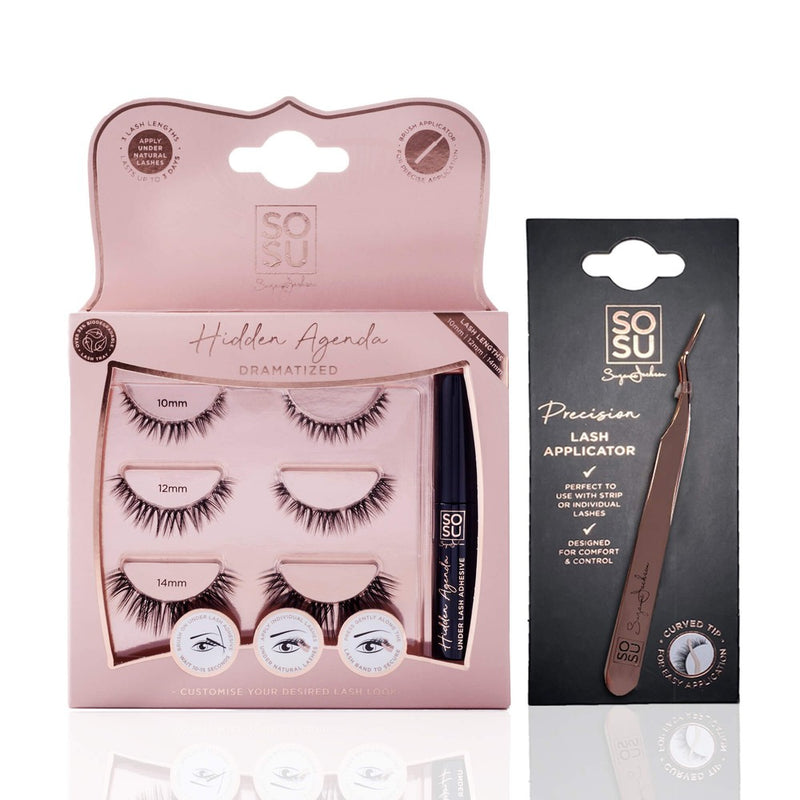 The Dramatized Bundle from SOSU includes Hidden Agenda Dramatized Lashes and Precision Lash Applicator, designed for comfortable application and customization, offering a dramatic effect with different lash lengths