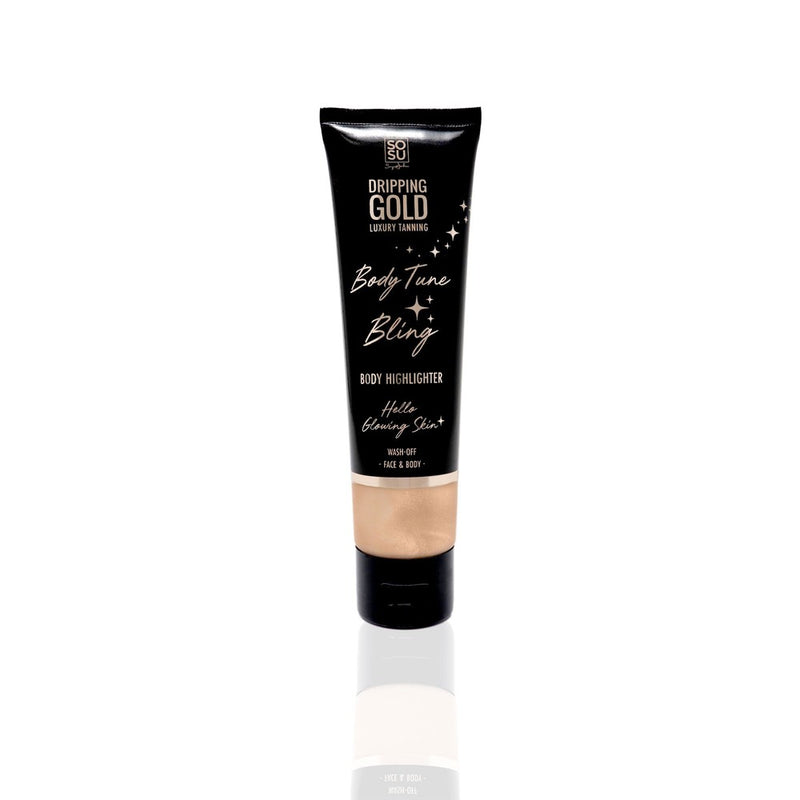 Body Tune Bling Illuminating Cream Highlighter in a bottle. A champagne gold/pink sheen suitable for face and body, providing high-impact radiance and a glowing skin.