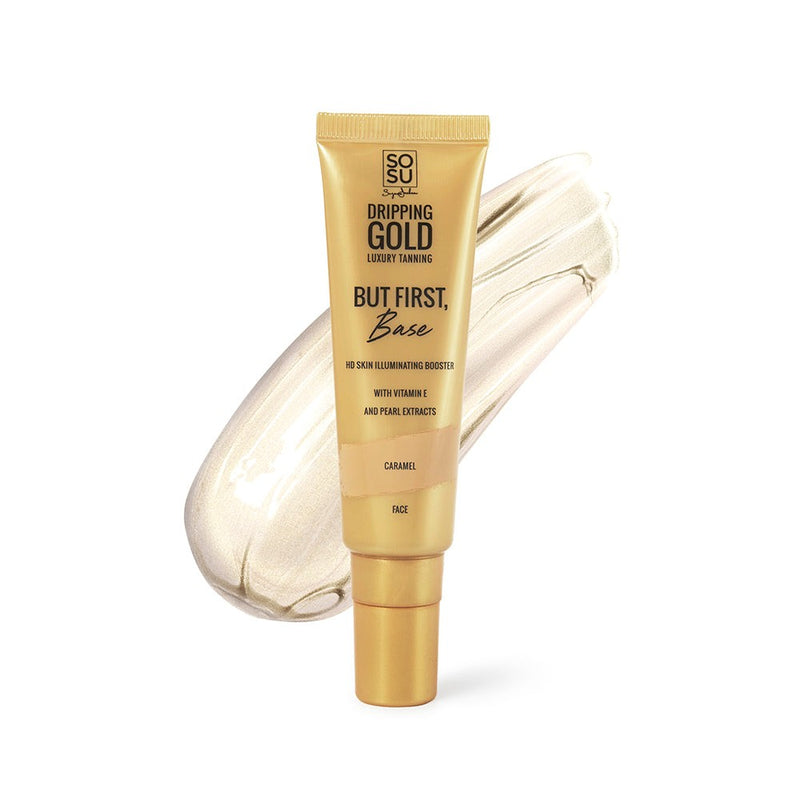 Dripping Gold Luxury Tanning's But First, Base in caramel shade, an HD skin illuminating booster with vitamin A and pearl extracts for a radiant, smooth, and hydrating finish