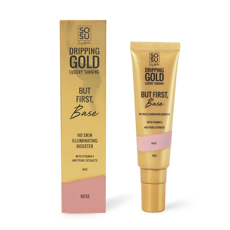 Face Base in Rose shade by SOSU's Dripping Gold Luxury Tanning, an HD skin illuminating booster with vitamin E and pearl extracts for a soft-focus, smooth boost to your base