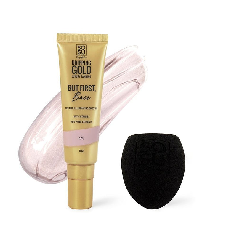 Dripping Gold But First, Base & Pro Blender Sponge in shades of Caramel and Rose, a makeup-skincare hybrid formula packed full of mother of pearl particles for an illuminating skin effect with Vitamin E and pearl extracts