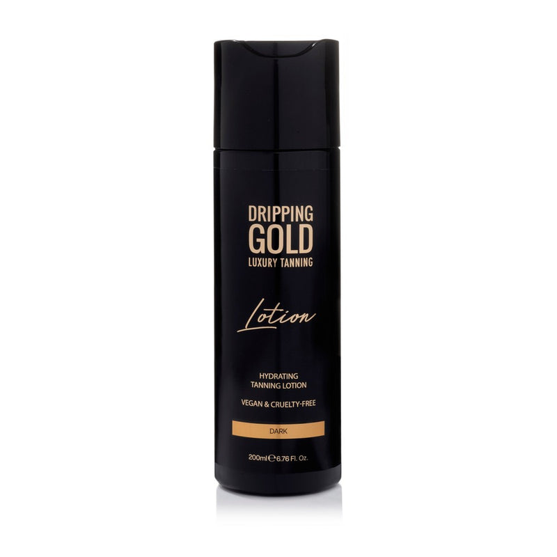 Dripping Gold Luxury Lotion in Dark shade, a hydrating tanning lotion that is vegan and cruelty-free, offering a deep golden tone for a streak-free, bronzed skin
