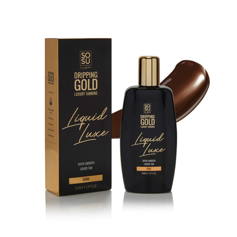 Dripping Gold Liquid Luxe Tan in Dark shade, a luxuriously silky liquid tanning formula that delivers a natural toned, airbrushed result and keeps the skin hydrated and supple