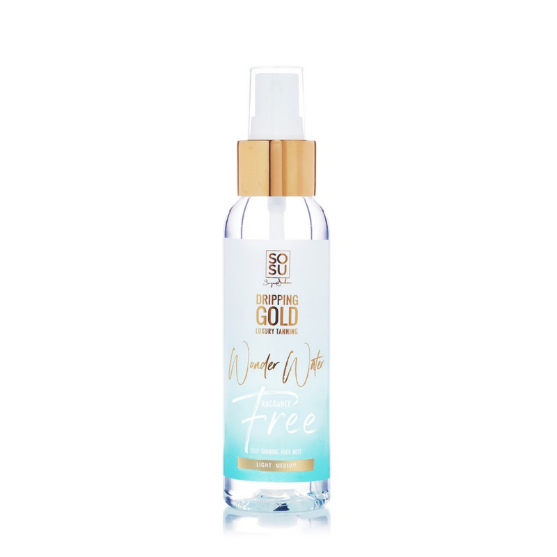 Dripping Gold Luxury Tanning Wonder Water Fragrance Free bottle, a multi-award-winning face tanning mist safe for sensitive skin, providing a radiant and hydrated complexion in light to medium shade