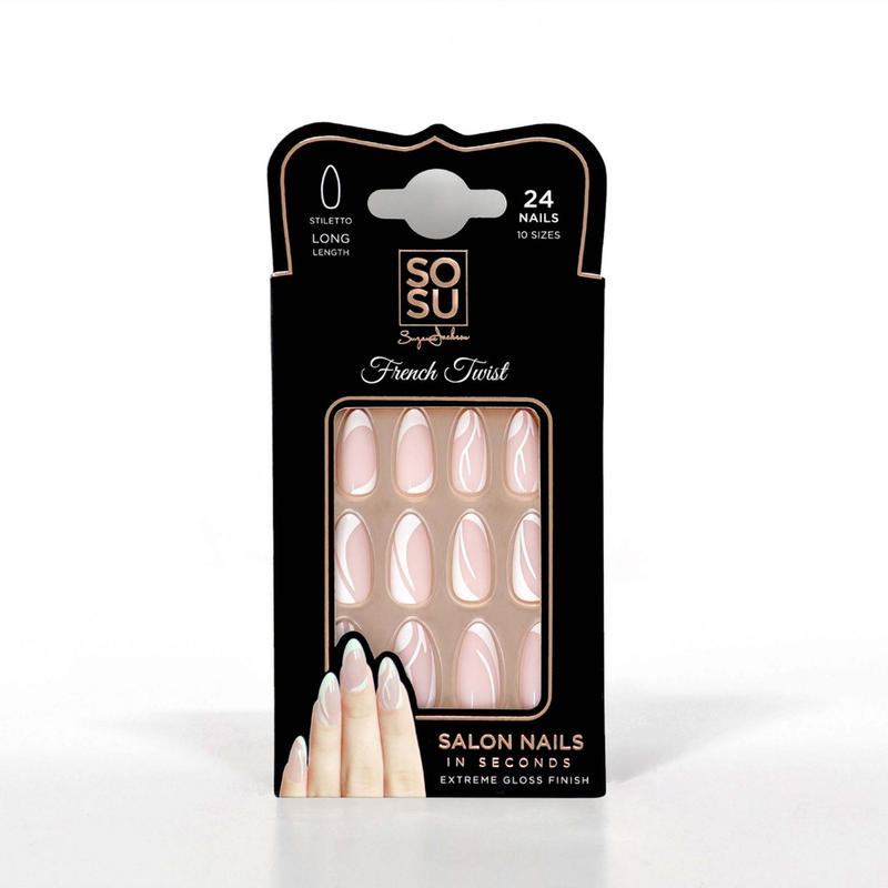 French Twist SOSU Salon Nails with stylish white nail art, a soft nude base, and extreme gloss finish, in a classic stiletto shape, long length. Includes 24 nails in 10 different sizes.