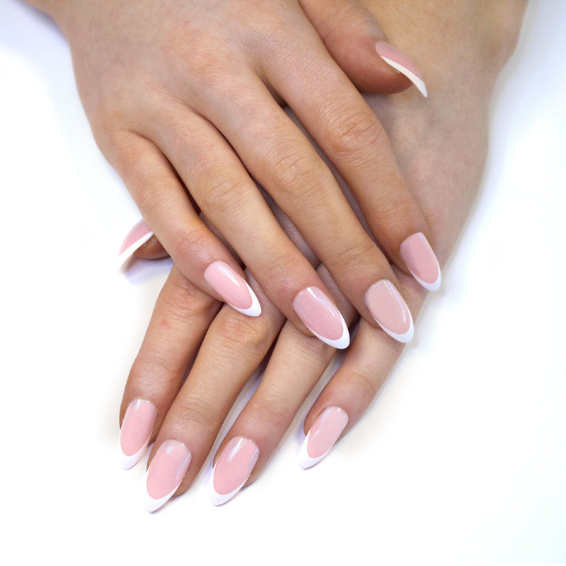 Frenchie salon nails providing an extreme gloss finish and a modern almond shape for a slenderizing look