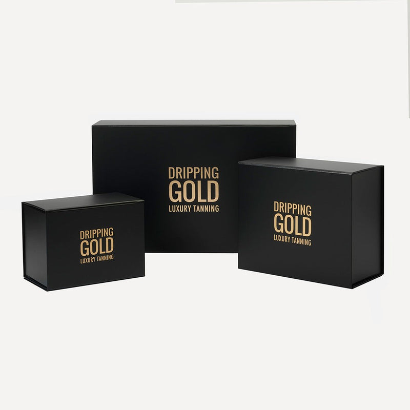 Premium Magnetic Black Gift Box in small size, ideal for wrapping special gifts, with stunning matte black finish and gold detail, featuring Dripping Gold Luxury Tanning branding