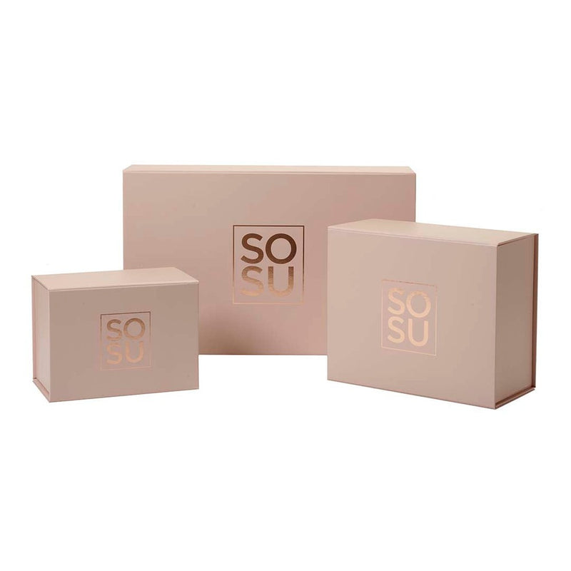 A stunning matte pink Premium Magnetic Gift Box with rose gold detail in various sizes, perfect for special gifting occasions