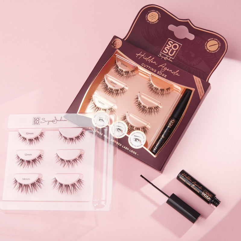 Hidden Agenda Cutting Edge lashes with different lengths of 10mm, 12mm, and 14mm, designed for application underneath the natural lash line for an undetectable finish