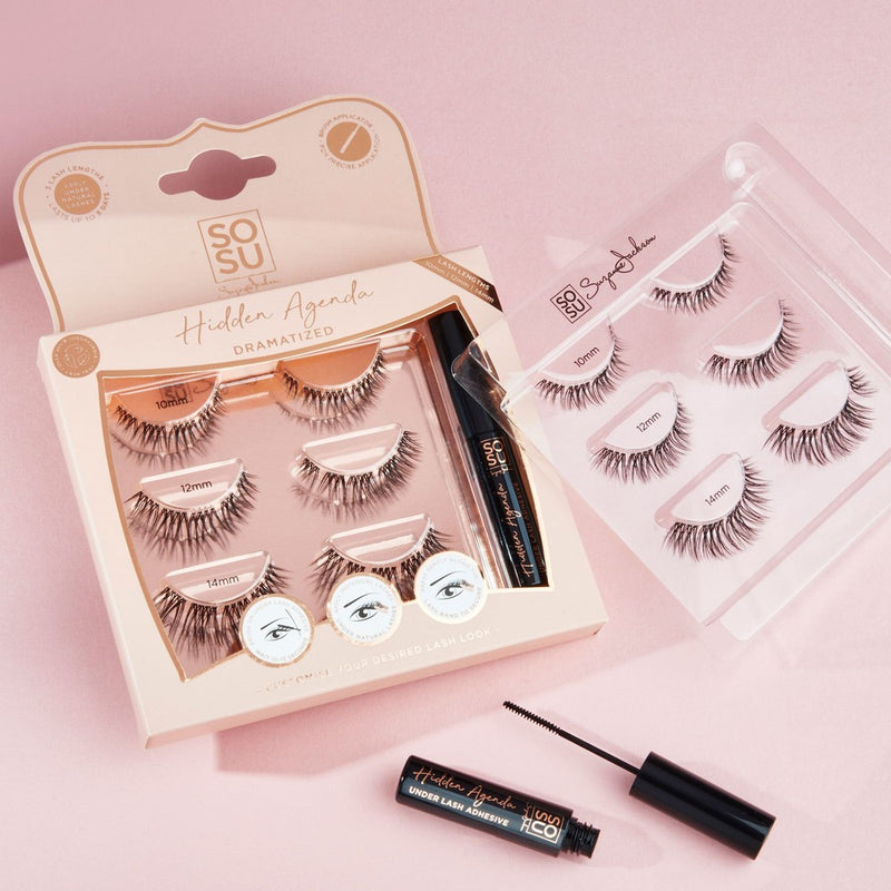 SOSU's Hidden Agenda Dramatized lashes, lightweight double lash clusters with three different lengths 10mm, 12mm, 14mm. Designed for lash application underneath the natural lash line for a dramatic effect.