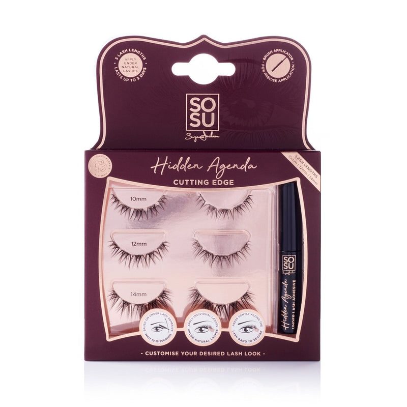 SOSU's Hidden Agenda Cutting Edge lashes, designed for under-lash application with different lengths of 10mm, 12mm, and 14mm, offering a customizable and undetectable finish