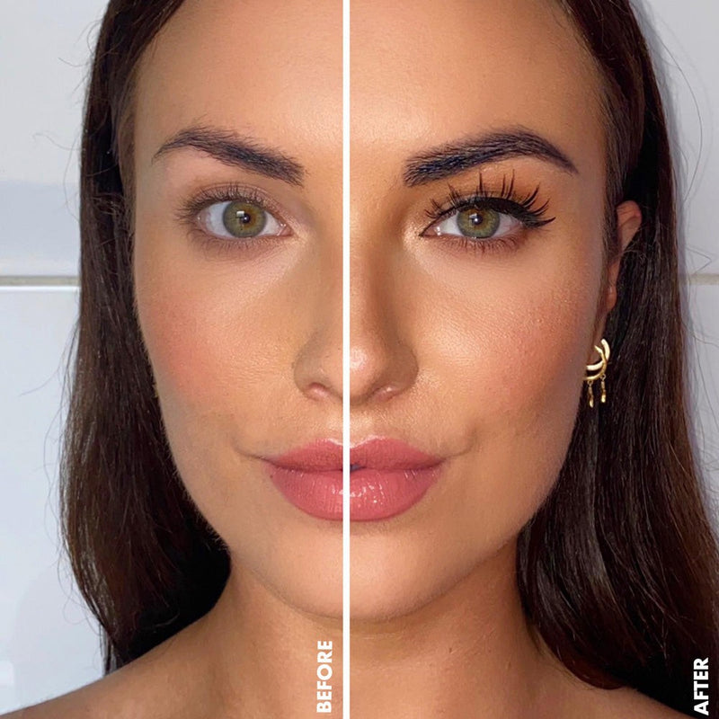 Before and after image of a woman wearing Carla lashes from SOSU's premium lash range, delicately crafted from 100% human hair for a sexy and sophisticated look