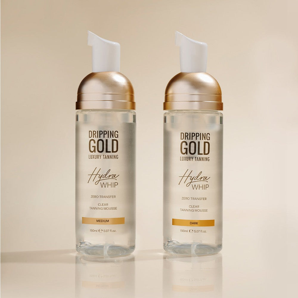 Dripping Gold Hydra Whip Clear Tanning Mousse in Medium and Dark shades, enriched with vitamins for total hydration and skin nourishment, provides quick absorption and zero transfer to clothes and sheets