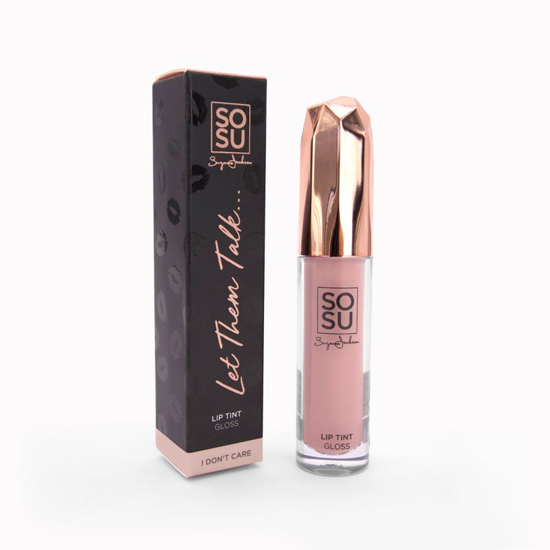 I Don't Care Sheer Lip Gloss in a light pink shade offering a high shine finish, perfect for any occasion