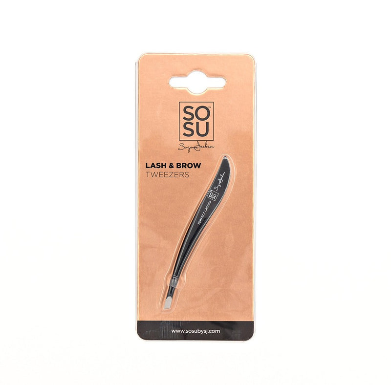 SOSU Cosmetics tweezers with secure grip pointed tip and angled slant for perfect brow shaping and lash application