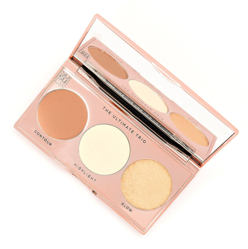 The Ultimate Trio cosmetics set featuring three soft, buttery powder pans for contouring, highlighting, and adding a glow, all presented in a stylish, rose-gold palette