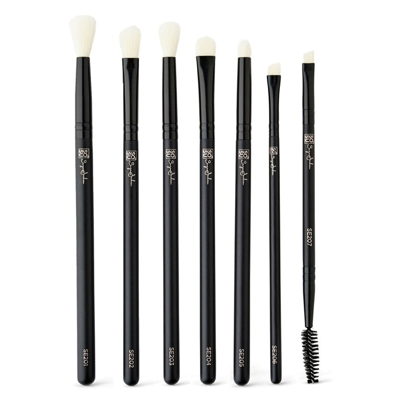 The Eye Collection, a 7 piece set of premium make up brushes including SE201 Large Fluffy, SE202 Medium Fluffy, SE203 Pointed Blender, SE204 Flat Packing, SE205 Tapered Shadow, SE206 Angled Liner, and SE207 Brow & Spoolie Duo. Made with super-soft luxury synthetic fibres for a flawless make up finish, they are anti-bacterial, cruelty free, and vegan friendly.