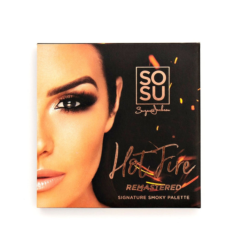 SOSU Hot Fire Signature Smoky Palette featuring 16 highly pigmented matte and shimmering shades from pale cream to deep chocolate and metallic copper, perfect for creating an endless spectrum of smouldering eye looks