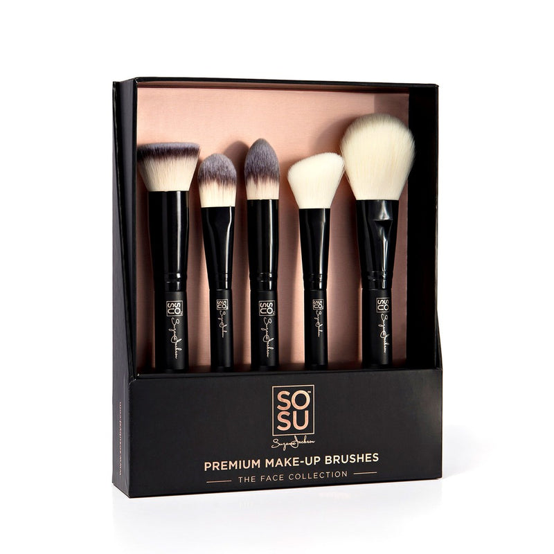 Premium Make Up Brushes in The Face Collection by SOSU, a 5 piece synthetic fibre set for flawless foundation, contour, blush, and powder application. Cruelty Free and Vegan Friendly.
