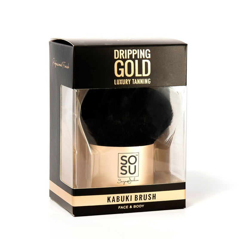 Dripping Gold Kabuki Brush, perfect for powder application and blending excess tanning products on face and body, offering a flawless finish with its super soft, luxurious synthetic fibres