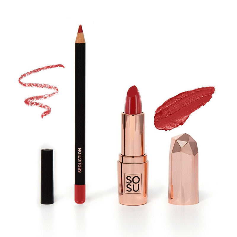 Seduction Lipstick & Lip Liner set by SOSU, offering a rich, buildable & long lasting bright red color with a velvet matte finish for the perfect pout
