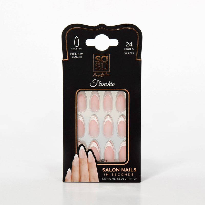 Frenchie salon nails in seconds product showcasing stiletto shape nails, extreme gloss finish, and medium length. The box includes 24 nails in 10 sizes.