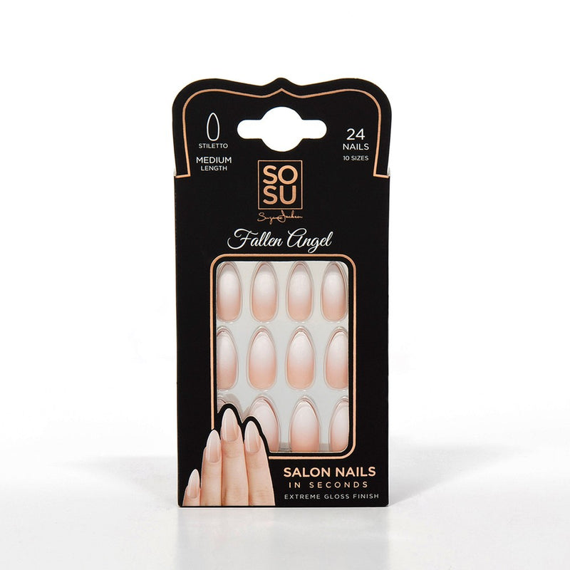 The SOSU 'Fallen Angel' salon nails in seconds. These are high gloss, ombre effect, medium length stiletto nails. The pack includes 24 nails in 10 sizes with an extreme gloss finish. Glue, mini nail file and manicure stick are also included.