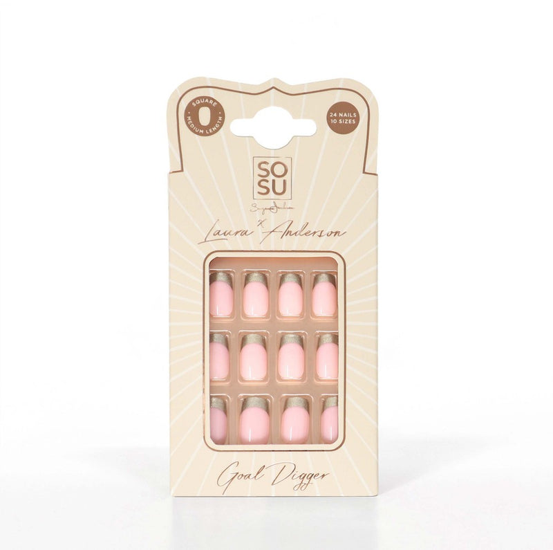 The Goal Digger set from SOSU Cosmetics X Laura Anderson, featuring 24 square-shaped, medium-length nails in 10 sizes, perfect for upgrading your manicure with beautiful gold tips