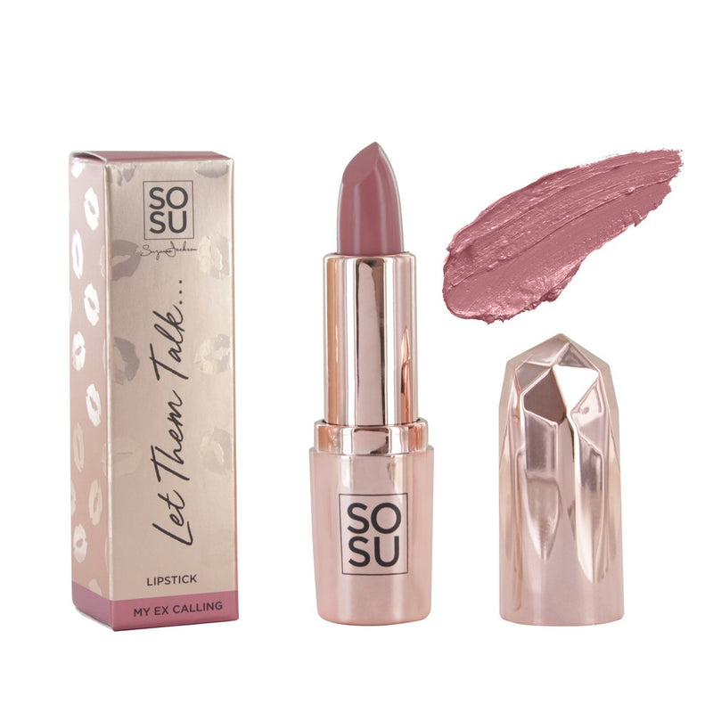My Ex Calling Satin Lipstick from SOSU Cosmetics, a dreamy deep pink shade offering a buildable and long-lasting satin finish for full-bodied, irresistibly soft lips