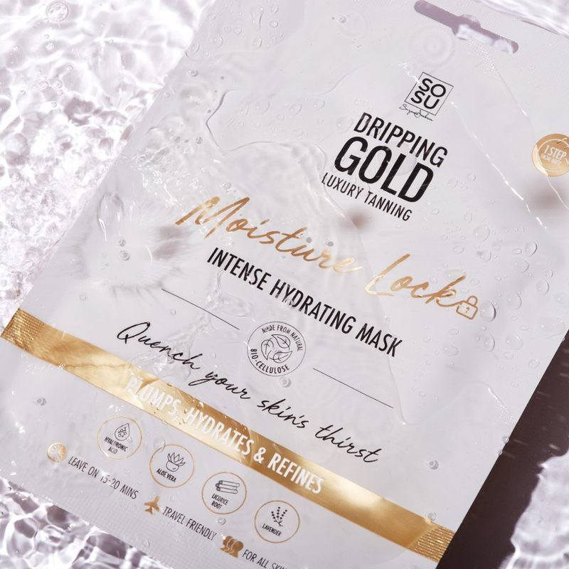 Dripping Gold Moisture Lock Hydrating Mask made from natural bio-cellulose to quench your skin's thirst, plump, hydrate, and refine with ingredients like hyaluronic acid, lavender, licorice root, and aloe vera.